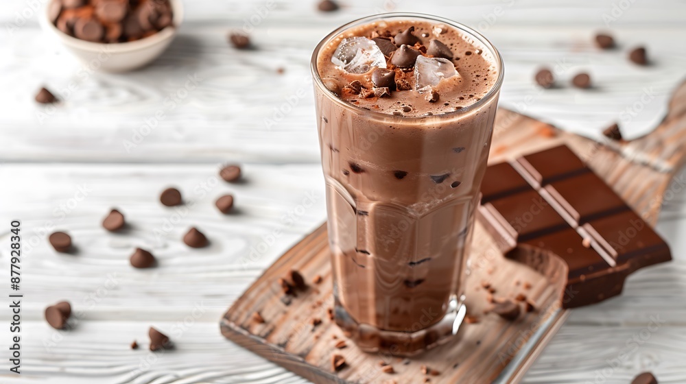 Cold chocolate milkshake frappe in tall glass with ice on white wood background Cold chocolate milkshake frappe in tall glass with ice on white wood background