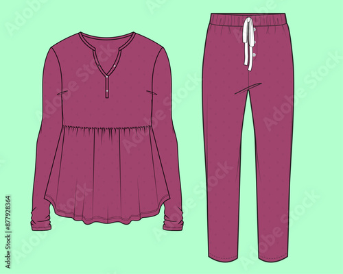 ladies nightwear henley collar tops and trouser loungewear fashion illustration flat sketch vector.