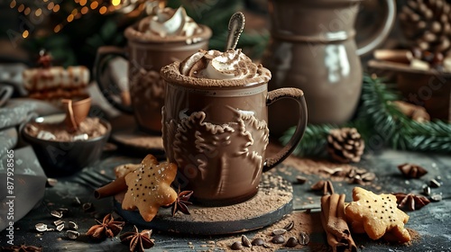 Cozy hot chocolate with gingerbread and cocoa powder in rustic kitchen