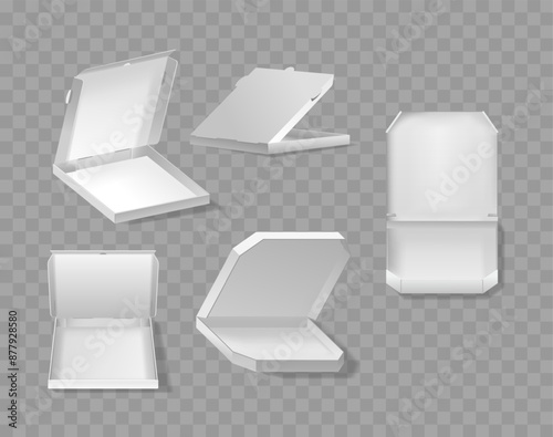 Set Of Blank Pizza Boxes In Various Open And Closed Positions. Realistic 3d Vector Mockup For Design Projects, Packaging