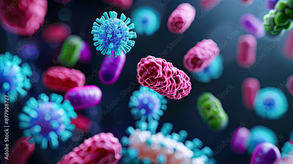 3D rendering of virus and bacteria cells. Virus and bacteria on a dark blue background. 3D rendering of virus and bacteria cells. Virus and bacteria on a dark blue background.