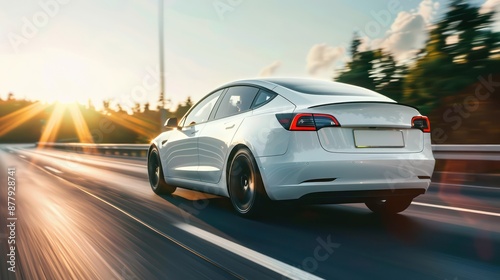 An electric car driving on a highway with a focus on its battery pack. © kimly