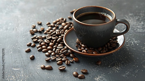 Cup of aromatic coffee and beans on grey table