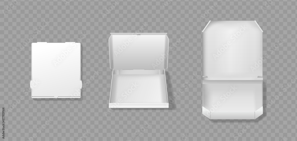 Collection Of Three White Pizza Boxes, Closed, Partially Open And Fully Open. Realistic 3d Vector Blank Packaging Mockup Collection Of Three White Pizza Boxes, Closed, Partially Open And Fully Open. Realistic 3d Vector Blank Packaging Mockup