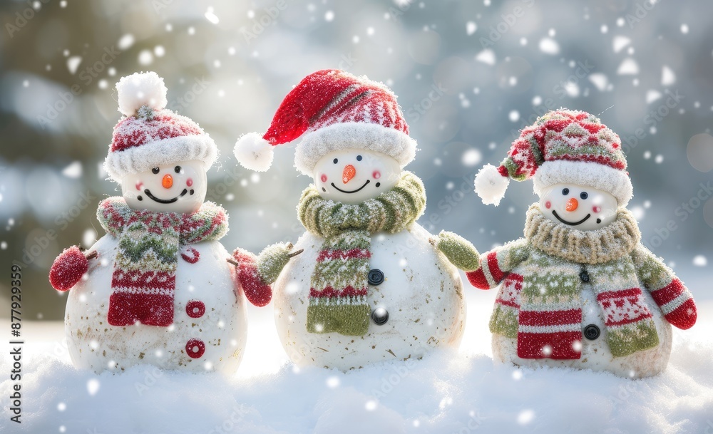 Three Decorated Snowmen Enjoying a Snowy Day Three Decorated Snowmen Enjoying a Snowy Day