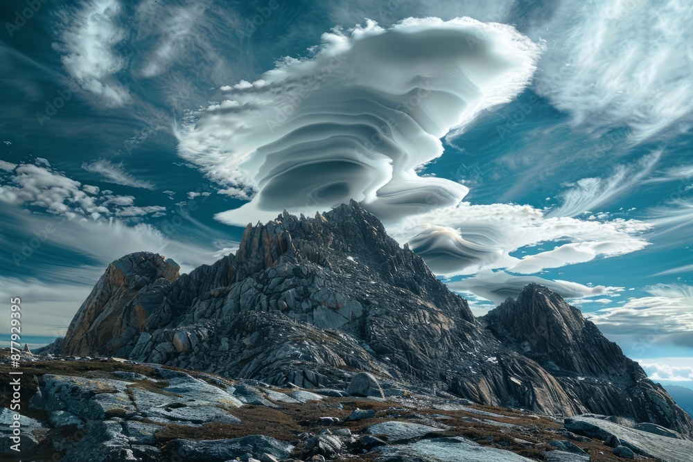 Altocumulus lenticularis clouds hovering over a mountain peak, their ...