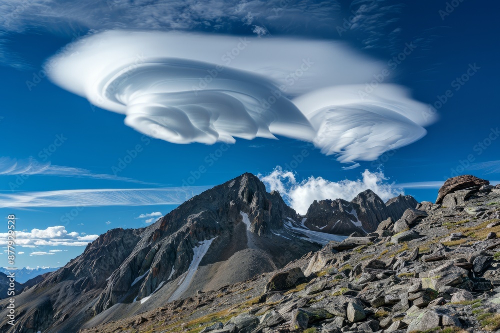 Altocumulus lenticularis clouds hovering over a mountain peak, their ...