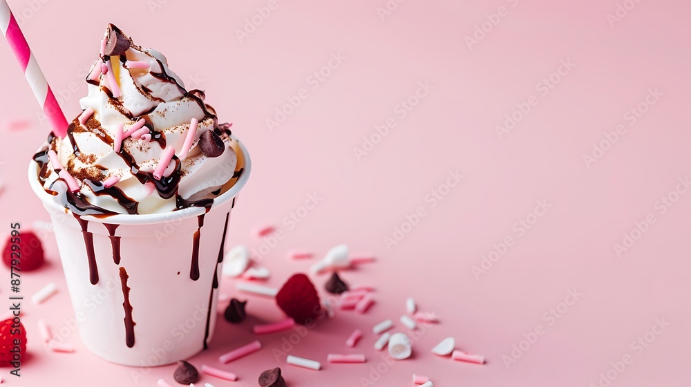 Description Ice cream in sundae cup on pink background Description Ice cream in sundae cup on pink background