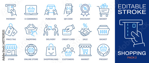Shopping icon set. Collection of e-commerce, credit card, retail, sale and more. Vector illustration isolated on white. Editable stroke.