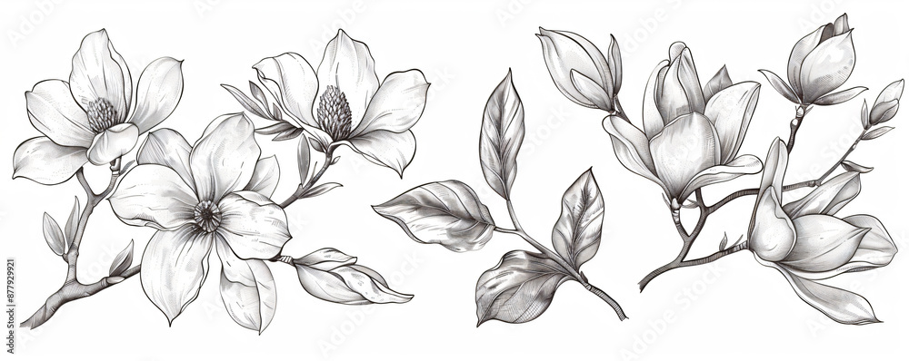 set of vector black and white illustrations of leaves, magnolia flowers and orchid blossoms on an isolated background, in the clip art style, in the style of watercolor, ink