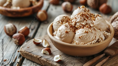Fresh hazelnut ice cream on wooden plate close up