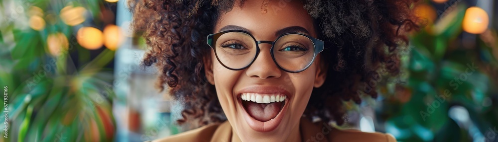 A cheerful young woman with curly hair and glasses, smiling brightly in a lively indoor environment with green plants and warm lighting. A cheerful young woman with curly hair and glasses, smiling brightly in a lively indoor environment with green plants and warm lighting.