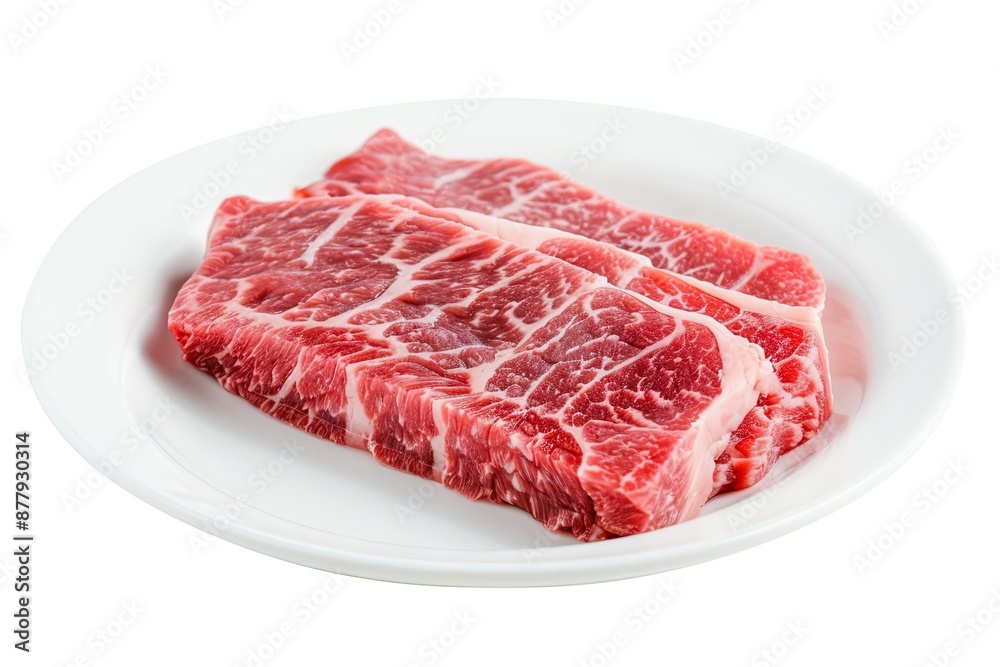 Three raw beef steaks on a white plate Three raw beef steaks on a white plate