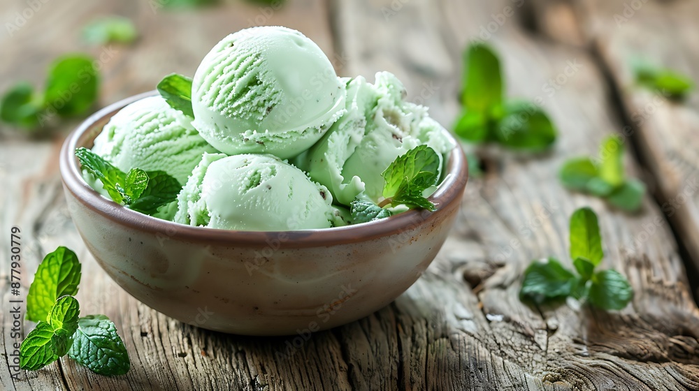 Homemade mint ice cream in bowl on old table