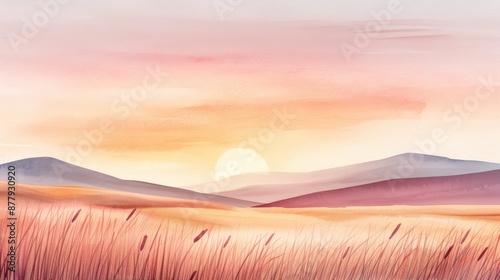 Luminous summer landscape in watercolor, horizon aglow with warm tones, depicting a sunny day and the serene beauty of nature