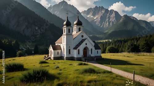 A picturesque church nestled in the serene beauty of the mountains , mountain, church, scenery, nature, peaceful.generative.ai