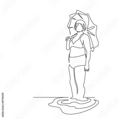 One continuous single drawing line art flat doodle  stretch out, sea, beach, vacation, senior, woman, pensioner, sand, tourism. Isolated image hand draw contour on a white background

