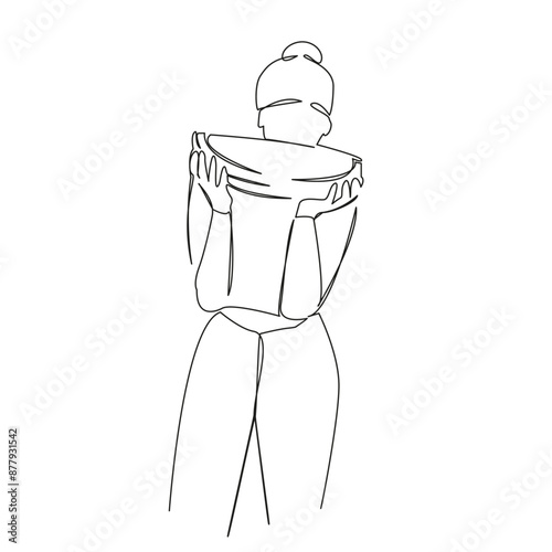 One continuous single drawing line art flat doodle  stretch out, watermelon, summer, girl, food, fruit, happy, young, slice, green. Isolated image hand draw contour on a white background