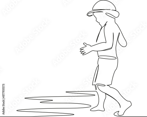 One continuous single drawing line art flat doodle stretch out, kid, sea, beach, holiday, summer, boy, child, vacation, sand, sun. Isolated image hand draw contour on a white background
