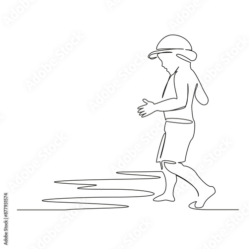 One continuous single drawing line art flat doodle stretch out, kid, sea, beach, holiday, summer, boy, child, vacation, sand, sun. Isolated image hand draw contour on a white background

