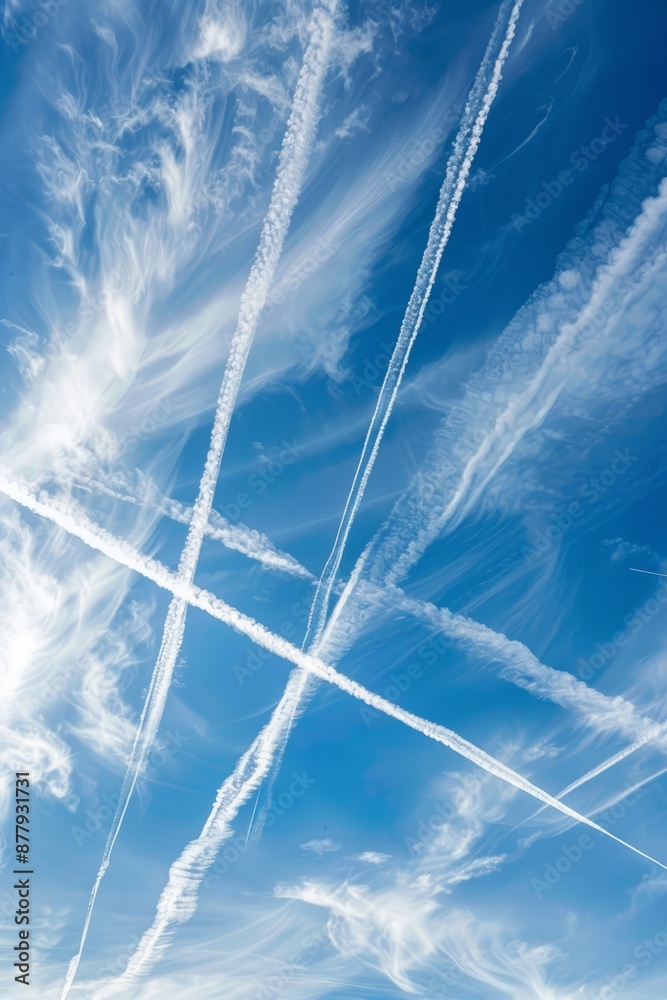 Contrail clouds streaking across the sky behind a passing airplane ...