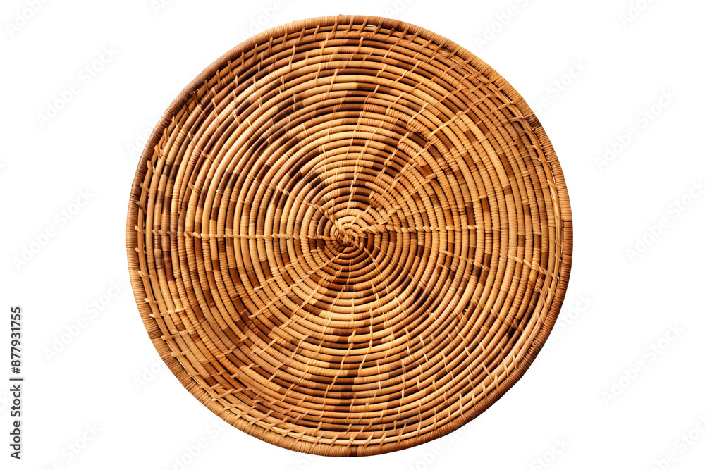 Fototapeta premium Handwoven rattan place mat isolated on transparent background, decorative PNG style mat for natural home decor and rustic dining table settings