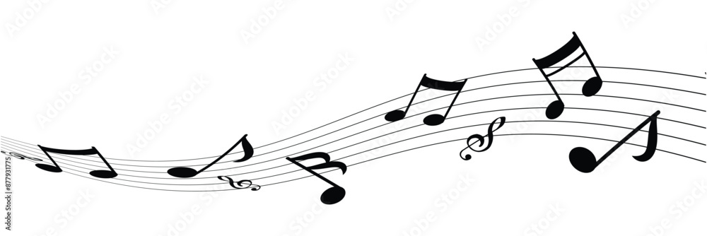 Musical note wave. Music notes melody on white background. Staff treble clef notes musician concept vector isolated on transparent background. Illustration of music sound in eps 10. Musical note wave. Music notes melody on white background. Staff treble clef notes musician concept vector isolated on transparent background. Illustration of music sound in eps 10.
