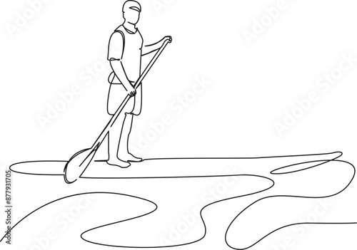 One continuous single drawing line art flat doodle  stretch out, man, travel, board, paddle, sap, nature, water, sport, leisure. Isolated image hand draw contour on a white background
