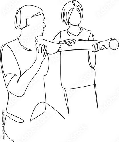 One continuous single drawing line art flat doodle  stretch out, care, woman, exercise, nurse, health, medical, therapy, therapist. Isolated image hand draw contour on a white background
