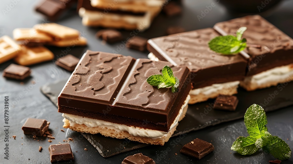 Ice cream sandwich with chocolate and wafers ongrey table Ice cream sandwich with chocolate and wafers ongrey table