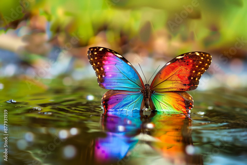 a rainbow water butterfly emerging out of the water photo