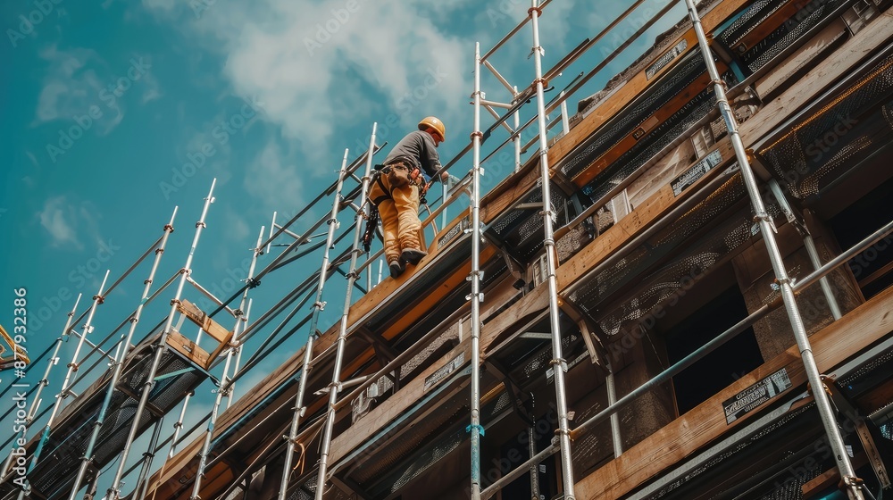 Fototapeta premium Construction Worker on High Scaffolding