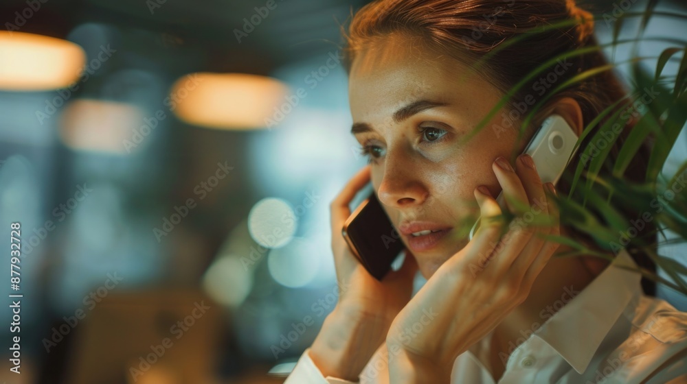 A woman holds her cell phone and stands next to a potted plant, ready to take a call A woman holds her cell phone and stands next to a potted plant, ready to take a call