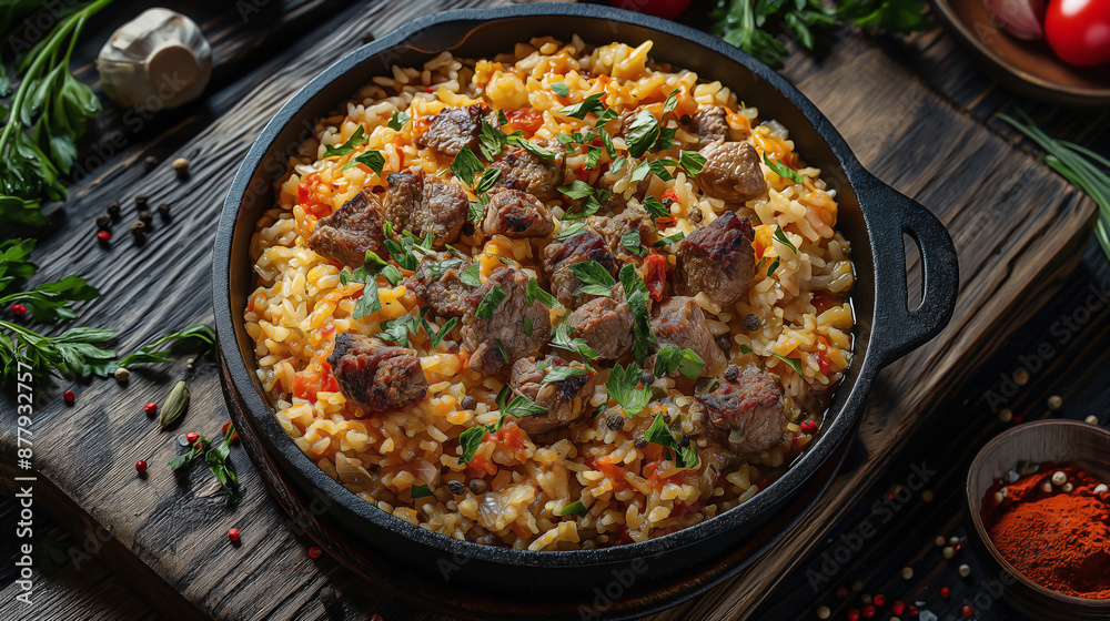 top view image featuring Uzbek pilaf or plov made with meat, presented in a cast iron pan on a rustic wooden board. top view image featuring Uzbek pilaf or plov made with meat, presented in a cast iron pan on a rustic wooden board.