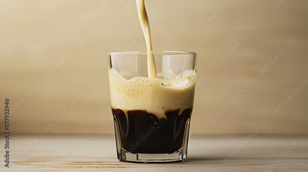 Milk cream pours into a transparent glass of black coffee on a minimalistic beige wooden background Milk cream pours into a transparent glass of black coffee on a minimalistic beige wooden background