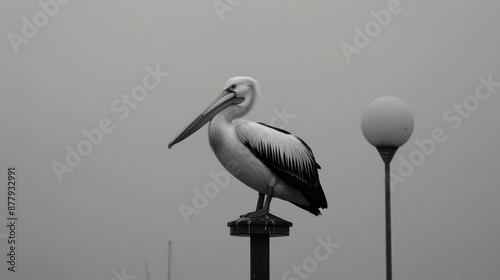 Australian pelican perches on streetlight pole