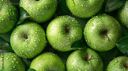 Fresh Green Apples with Dew Drops.