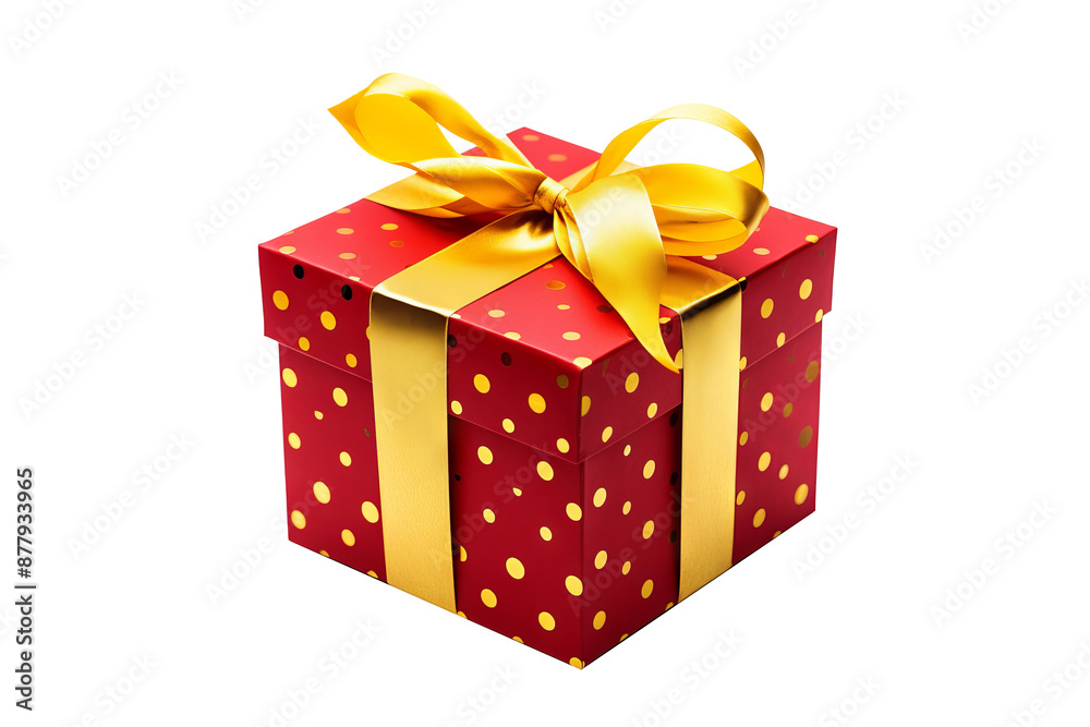 Fototapeta premium Red gift box with yellow bow and ribbons in top view on transparent PNG background, ideal for holiday celebrations and gift-giving designs