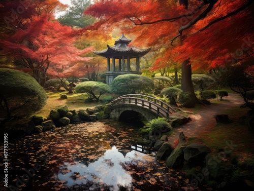 Serene Autumn Japanese Garden with Bridge