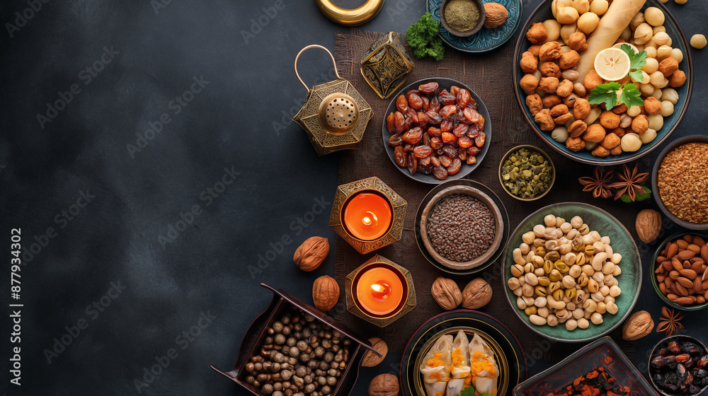 a top view Ramadan greeting card featuring a mix of cultural elements on a dark background. a top view Ramadan greeting card featuring a mix of cultural elements on a dark background.