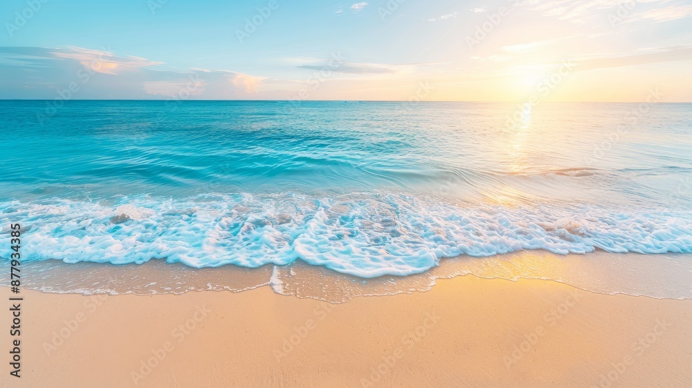 Radiant beach vacation scene with vivid turquoise waters, golden sands, and vibrant sunlit skies, a perfect tropical paradise Radiant beach vacation scene with vivid turquoise waters, golden sands, and vibrant sunlit skies, a perfect tropical paradise