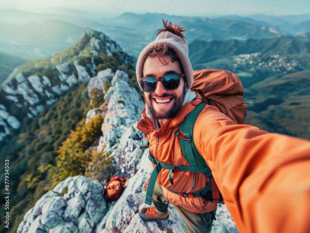 A person captures his moment on the summit, useful for adventure and travel themes A person captures his moment on the summit, useful for adventure and travel themes