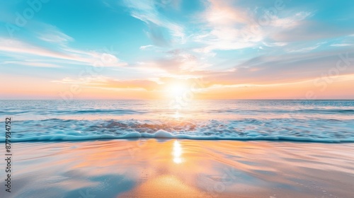 Scenic seaside panorama at sunrise, vivid colors illuminating the horizon, wide perspective of the tranquil coastal beauty