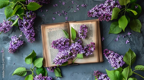 Spring flat lay with lilac top view on flowers and book