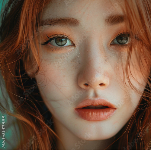 beautiful asian girl redhead With different eyes color, Close up of Asian woman's face, green eyes, hazel eyes, red hair looking at camera
