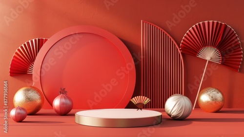 Red and Gold Product Display Background with Asian Fans