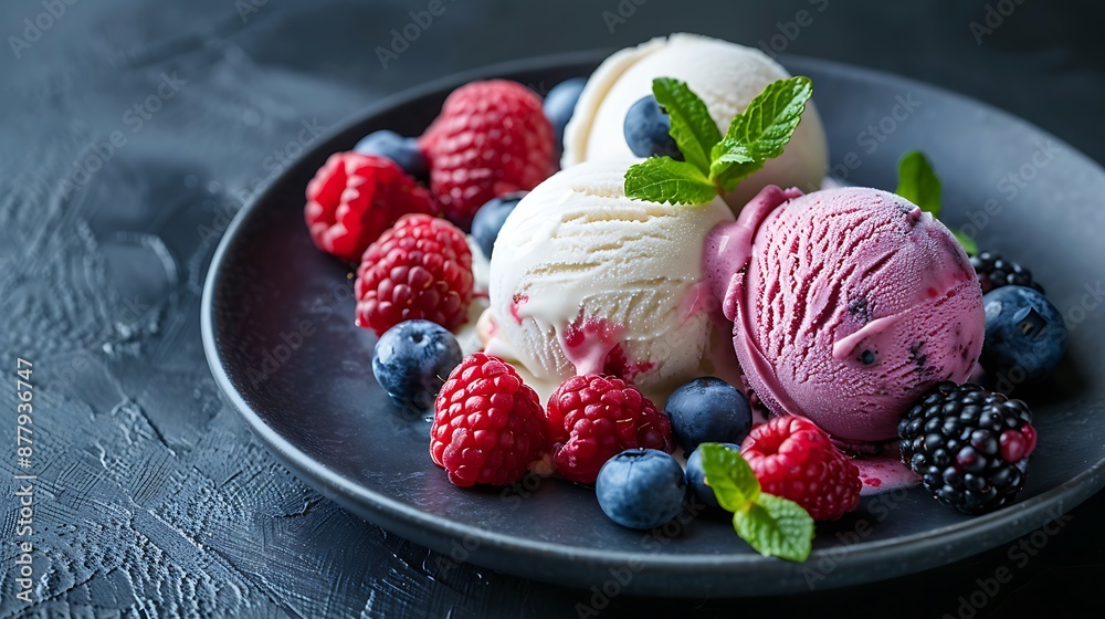 Tasty appetizing summer refreshing ice cream scoops with wild berries served on dark plate on dark background Tasty appetizing summer refreshing ice cream scoops with wild berries served on dark plate on dark background