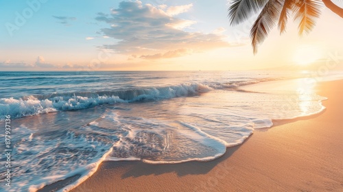 Stunning tropical beach at sunset, perfect holiday destination to end the year, featuring calm waves and breathtaking scenery