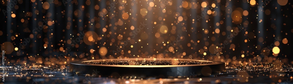 A stunning abstract background featuring golden bokeh lights and a dark circular platform, perfect for festive, celebratory, or luxurious themes. A stunning abstract background featuring golden bokeh lights and a dark circular platform, perfect for festive, celebratory, or luxurious themes.