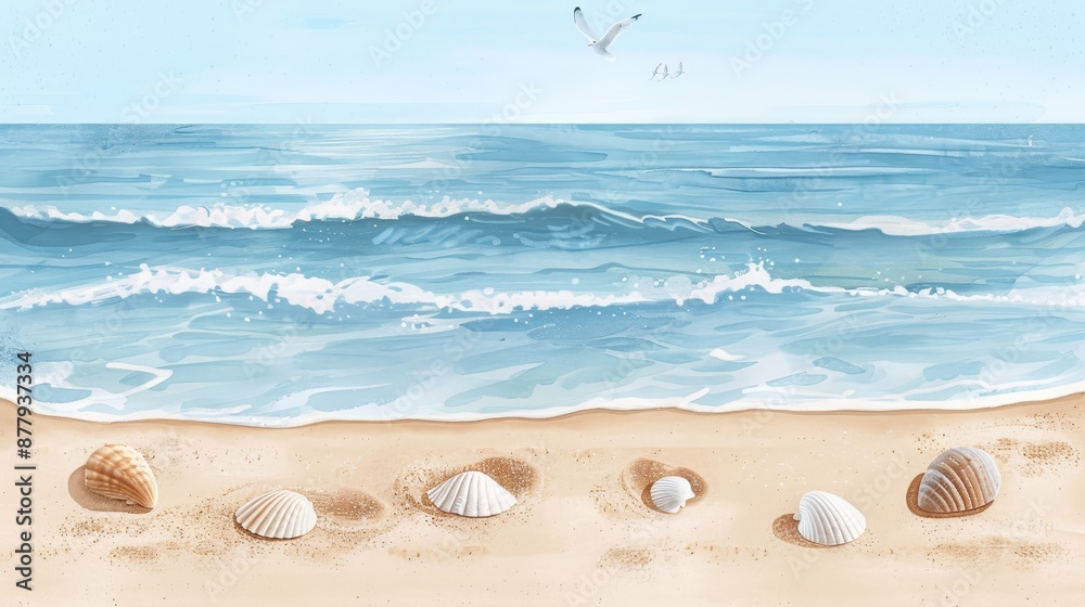 Sun-kissed beach with footprints in the sand leading to the waves, seashells scattered along the shore, and seagulls soaring above, watercolor style Sun-kissed beach with footprints in the sand leading to the waves, seashells scattered along the shore, and seagulls soaring above, watercolor style